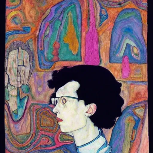 Prompt: egon schiele + holly warbs art short black asymetrical shaggy bob haircut and round thin elegant blue frame glasses teen girl, black lace dress, in a colorful and bright trippy victor moscoso room colorful.