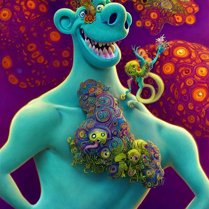 Image similar to psychedelic Sully from Monster’s Inc., Pixar, diffuse lighting, fantasy, intricate, elegant, highly detailed, lifelike, photorealistic, digital painting, artstation, illustration, concept art, smooth, sharp focus, art by John Collier and Albert Aublet and Krenz Cushart and Artem Demura and Alphonse Mucha