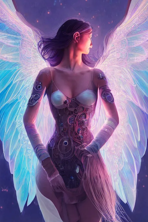 Image similar to portrait futuristic goddess angel Girl with wings and feathers, in future cyberpunk tokyo rooftop , ssci-fi, fantasy, intricate, very very beautiful, elegant, human anatomy, human structure, neon light, highly detailed, digital painting, artstation, concept art, smooth, sharp focus, illustration, art by tian zi and WLOP and alphonse mucha