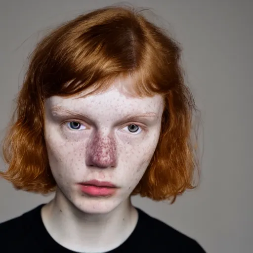 Image similar to an award winning close up portrait of face of cute 1 9 year old white woman with tired eyes, no makeup, freckles, strong jawline, skinny, short straight ginger hair in a bob style, black t shirt, flash photography, photographed by terry richardson,