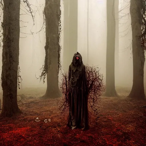 Image similar to elder demons from the abyss in a misty forest, red webs and fungus, red by emil melmoth, by rozalski, cinematic,