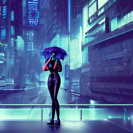 Image similar to a picture of a woman holding an umbrella in the rain, futuristic city, cyberpunk art by fyodor vasilyev, zbrush central contest winner, cubo - futurism, synthwave, darksynth, retrowave