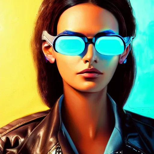 Image similar to closeup painting of a very beautiful young mexican cyberpunk woman with a smirk, wearing light blue shutter shades and a dark brown leather jacket, one side haircut, long brown hair with light blue ends, portrait, hyperdetailed, artstation, cgsociety, 8 k, synthwave by tangerine dream