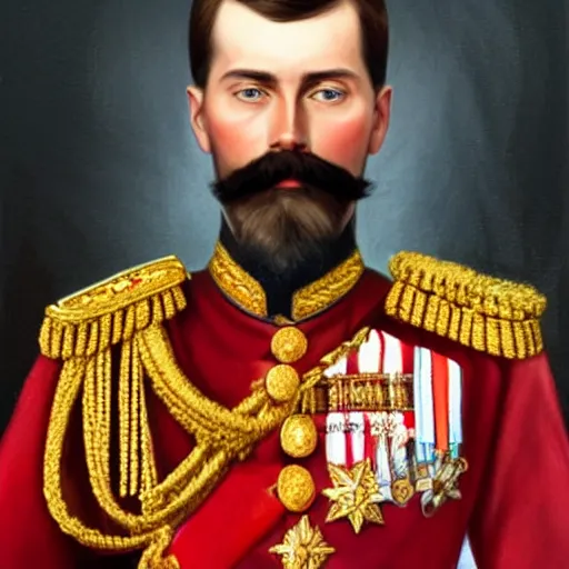 Image similar to detailed hyper-realistic portrait painting of Tsar Nicholas II of Russia 4K details