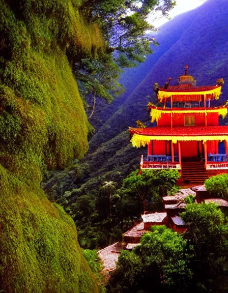 Prompt: vintage color photo of light floating over a temple in the jungle in Cordillera De Los Andes, 8k definition