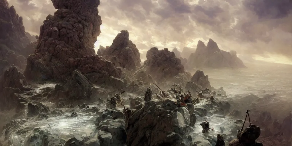 Image similar to barbarians, norse gods, fighting epic battle on rocks floating in the sky, celestial fortress in the clouds, thunder, good composition, artstation, 4 k illustration sharp focus cloceup sunlit painted by ruan jia raymond swanland lawrence alma tadema zdzislaw beksinski norman rockwell tom lovell alex malveda greg staples