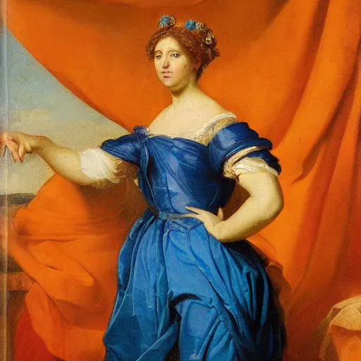 Prompt: portrait of a woman wearing an orange and blue maximalist garment. neoclassical painting