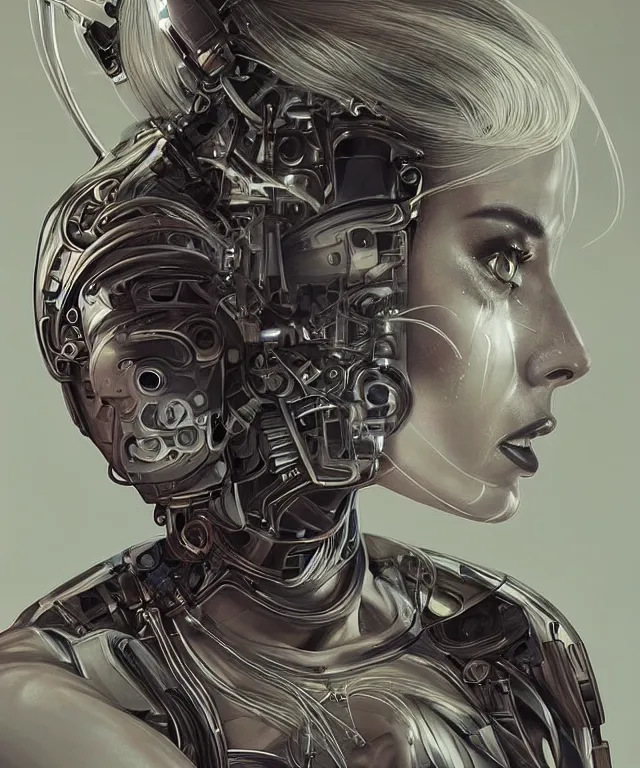 Image similar to a woman turning into an Android portrait wearing a part cybernetic body, surrealism , scifi, intricate, elegant, sharp eyebrows, ornate long flowing blonde hair, highly detailed cybernetic body, neon glowing eyes, digital painting, artstation, concept art, smooth, sharp focus, illustration, art by Artgerm and moebius and Peter Mohrbacher