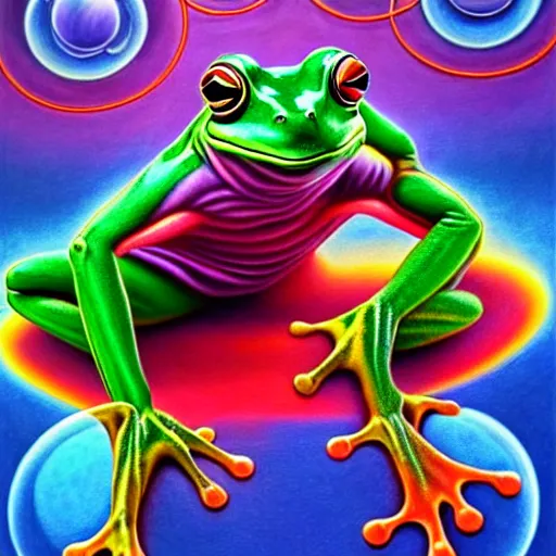Prompt: an anthropomorphic bipedal frog that is wearing vibrant robes, matte oil painting by alex grey, d & d character, floating bubbles, extreme pose, magic fog, concept art, psychedelic, award - winning, extremely detailed, sharp focus, 4 k