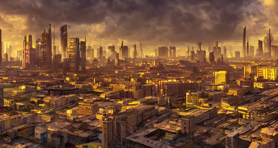 Image similar to cyberpunk tallinn stockmann epic, moody, realistic, neon palette, golden afternoon, cyberpunk, scenic jungle mountains in the background