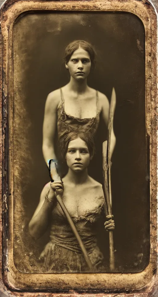 Image similar to a highly detailed wet plate photograph, a portrait of a beautiful young woman holding a pickaxe