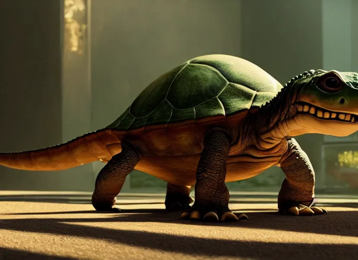 Image similar to film still of real life dinosaur turtle yoshi in the new sci - fi movie, 8 k