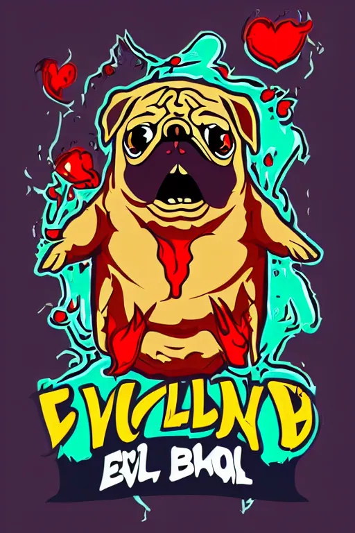 Image similar to Evil pug, sticker, blood thirsty, blood, evil, colorful, illustration, highly detailed, simple, smooth and clean vector curves, no jagged lines, vector art, smooth