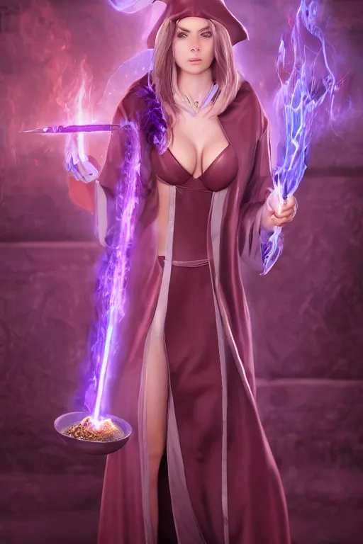 Prompt: beautiful woman in prudish purple wizards apprentice robes with pointy hat at a crowded magical university, a flaming magical red flame hummingbird pet, full body shot unreal engine hyperreallistic render 8k character masterpiece digital art, cell shader shading, raytracing, comic art, manga, trending on Artstation, CGSociety