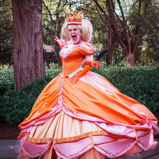 Image similar to a woman cosplaying princess peach in an opera gown