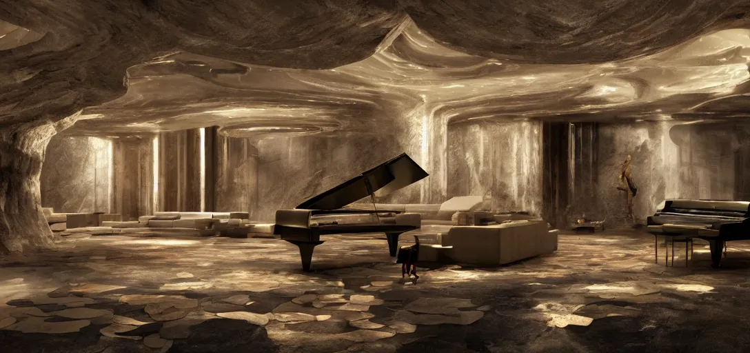 Prompt: a futuristic apartment interior in the style of a waterfall cave, grand piano, Greek statue, wet floors, high ceiling, dark moody lighting, foggy atmosphere, 10mm lens, by Craig Mullins and frank lloyd wright and, octane rendering