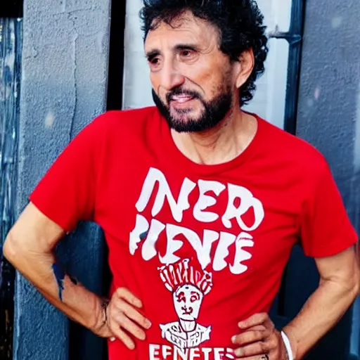 Image similar to fito paez wearing a independiente club t shirt