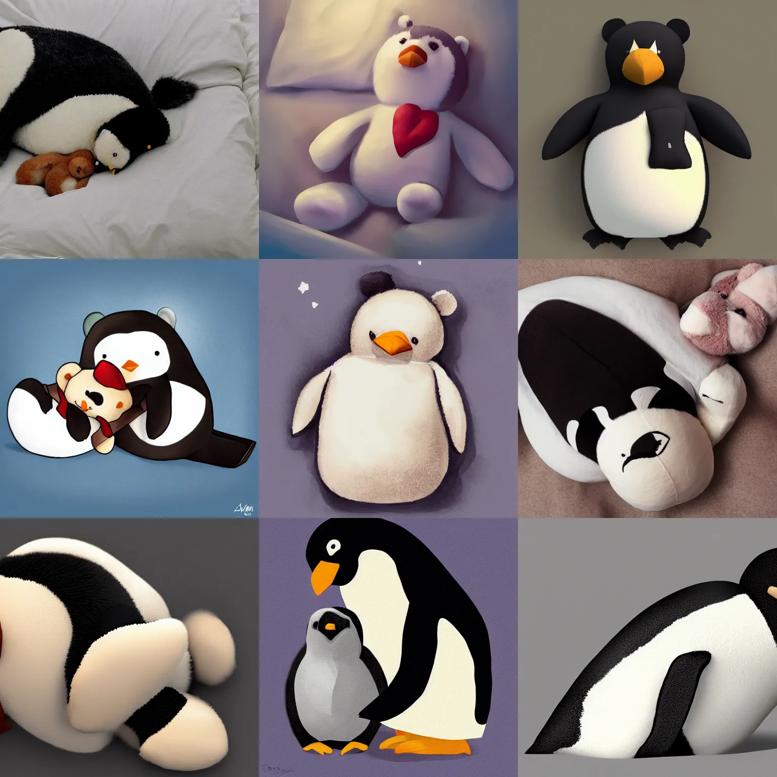 Prompt: penguin sleeping in bed with a teddy bear, trending on artstation