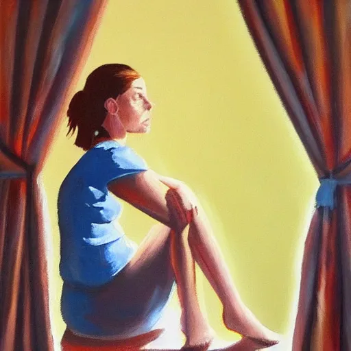 Image similar to woman sitting by the window waiting for someone, low key acrylic painting, stunning masterpiece by a very talented artist , very beautiful