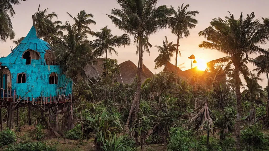 Image similar to west african village on stilts, solar punk, solar panels, strangler fig, turquoise beach, dragon blood tree, sunset, ornate gothic window details, cinematic,