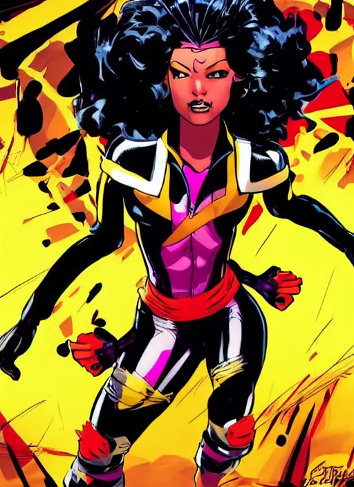 Prompt: jubilee from x-men, high contrast, concept art, dramatic lighting, portrait, facing forward, face in focus, art by Frank Miller