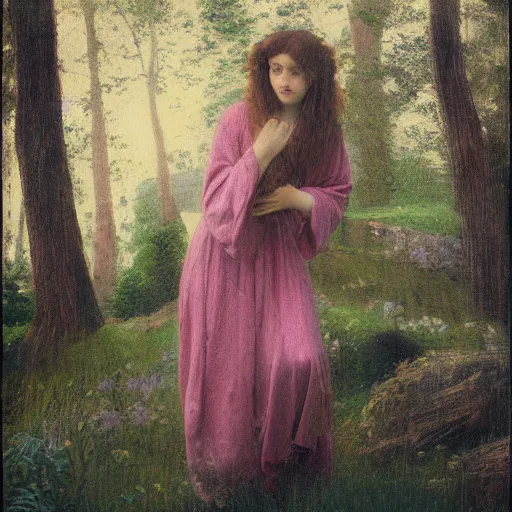 Prompt: painting of a pre - raphaelite girl and mother in robes, 5 0 mm lens, f 1. 4, sharp focus, ethereal, emotionally evoking, head in focus, volumetric lighting, blur dreamy outdoor,