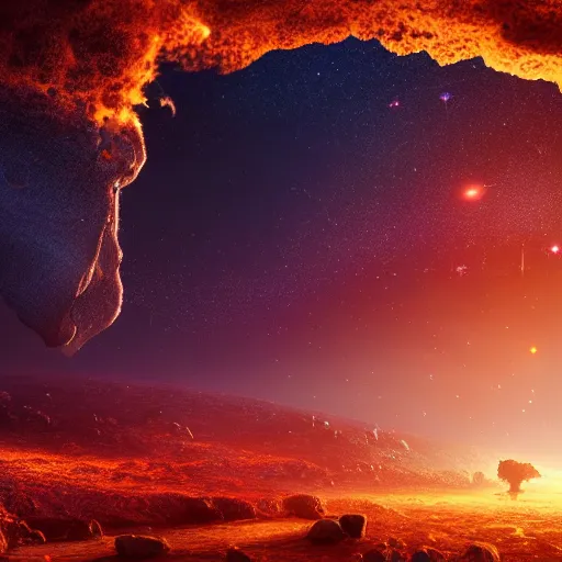 Image similar to Digital art of a meteorite containing an insect hive burning up in the atmosphere, Mike Winkelmann, Jessica Rossier 4k prehistoric geology space hubble start nebula