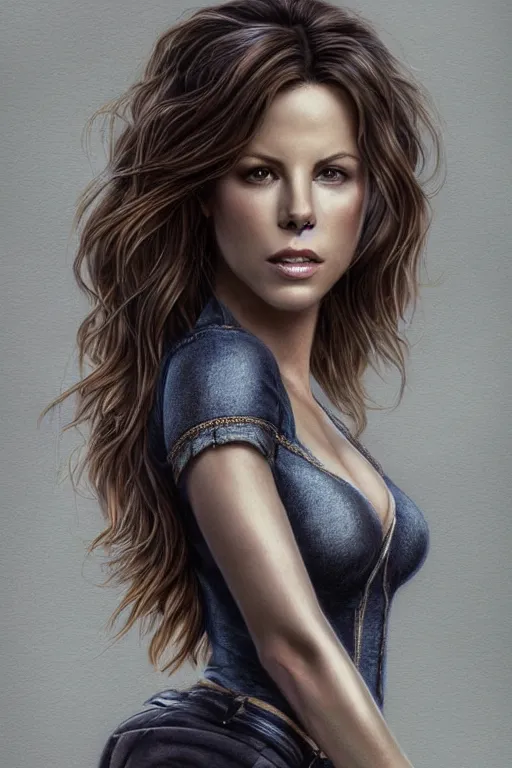 Image similar to Kate Beckinsale as a heroine in a t-shirt and jeans, intricate, elegant, highly detailed, centered, digital painting, artstation, concept art, smooth, sharp focus, illustration, art by artgerm and donato giancola and Joseph Christian Leyendecker, Ross Tran, WLOP