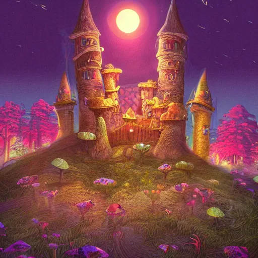 Image similar to highly detailed illustration of a mushroom castle at night ultra realistic, 4 k resolution