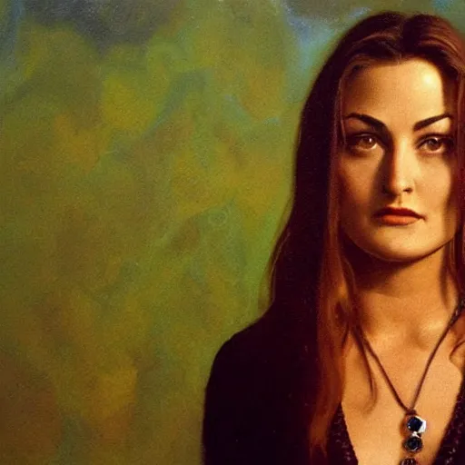 Prompt: a young Mädchen Amick as she appeared in Twin Peaks as Goddess of gems looking at you intensely with seductively serious eyes while wearing a head covering. ultra detailed painting at 16K resolution and epic visuals. epically surreally beautiful image. amazing effect, image looks crazily crisp as far as it's visual fidelity goes, absolutely outstanding. vivid clarity. ultra. iridescent. mind-breaking. mega-beautiful pencil shadowing. beautiful face. Ultra High Definition.