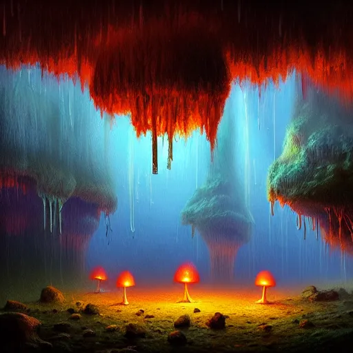 Prompt: fluorescent mushrooms dimly lighting a moist cave, highly detailed, digital painting, artstation, concept art, sharp focus, illustration, by Evgeny Lushpin