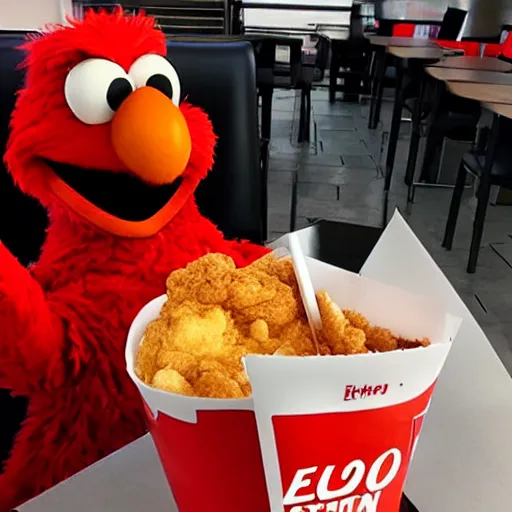 Prompt: photo of elmo at a KFC