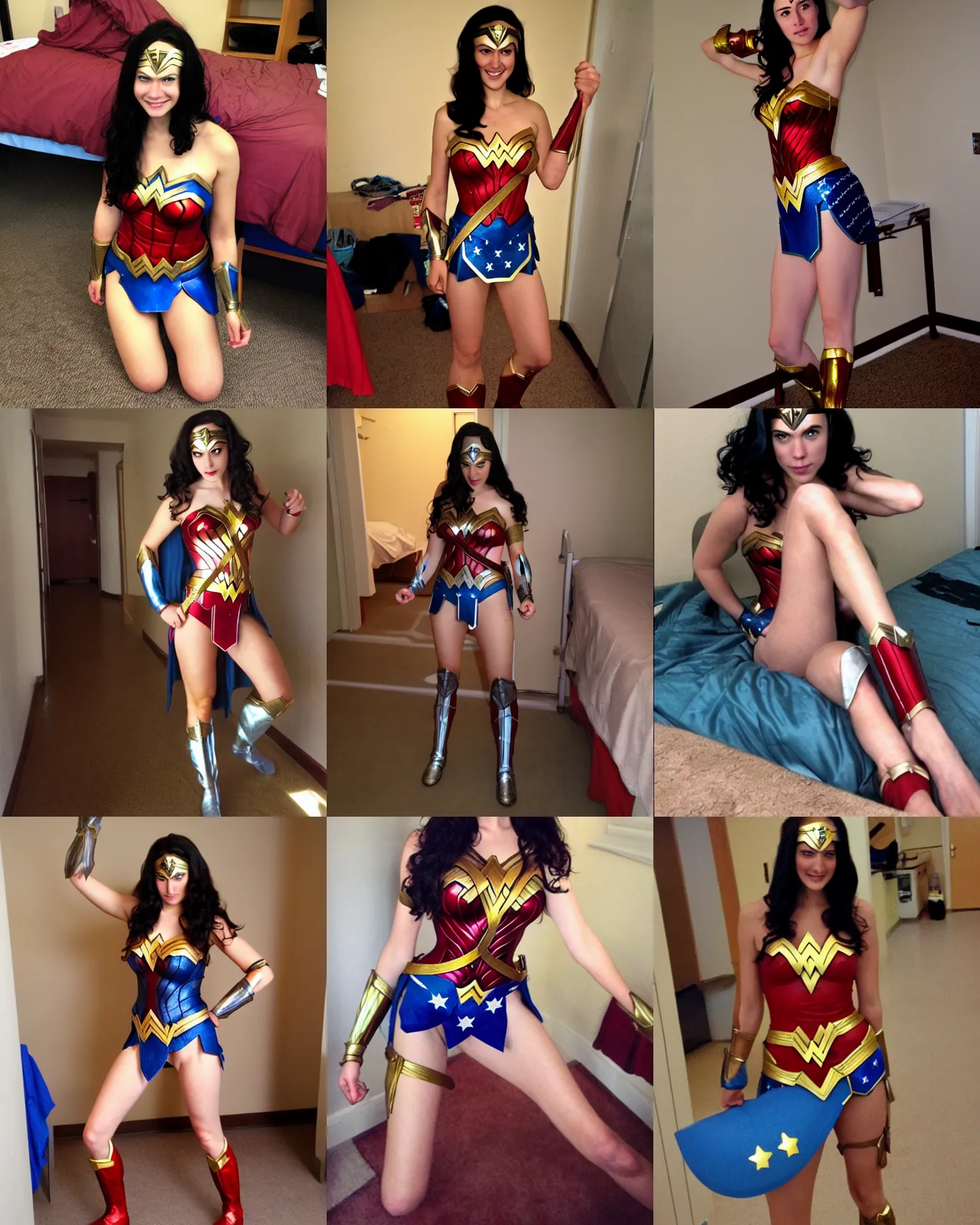 Prompt: wonder woman at college, bare legs, bare feet. dorm room, cosplay,