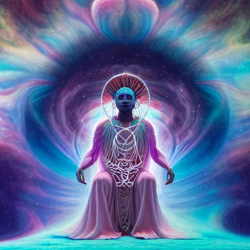Image similar to obatala the cosmic god sitting on a throne of nebula clouds, by Adi granov and afarin sajedi and amanda sage and evgeni gordiets and Agostino Arrivabene in a psychedelic portrait style, ultrarealistic matte painting, volumetric lighting, piercing eyes, fractal, highly detailed face, orisha, 8k, hd