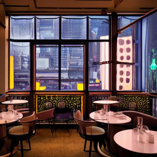 Image similar to wide angle photo of 60‘s retro fancy restaurant interior, neon-decorated urban on night in the city seen through the window,modern interior design, architectural design, vintage, night blade runner, dark, postapocalyptic, clean lines, 4k, octane, colorful ,lunarcore city seen at distance outside, big windows,octane, wide angle