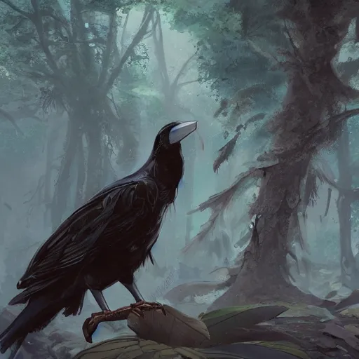 Image similar to concept art painting of a person with a head of a crow, with steampunk clothes, in the deep forest, realistic, detailed, cel shaded, in the style of makoto shinkai and greg rutkowski and james gurney