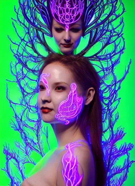 Image similar to 3 d goddess medium half - turn shot portrait with hyperdimensional mycorrhizal implants. beautiful intricately detailed avante garde leaf - vein mask and synthwave sorceress outfit. glowing bio luminescent, water, pulse projections, plasm creature, artwork by tooth wu and wlop and android jones and beetle and greg rutkowsk