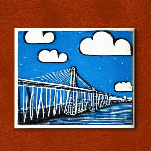 Prompt: small steel suspension bridge built in 1 9 2 8, side view, puffy clouds in background, ufo floating in the sky, woodcut style, rubber stamp, 8 k