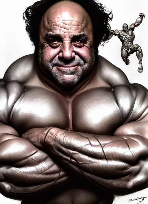 Image similar to portrait of danny devito with synthol muscles, d & d, muscular! fantasy, intricate, elegant, highly detailed, digital painting, artstation, concept art, smooth, sharp focus, illustration, art by artgerm and greg rutkowski and alphonse mucha