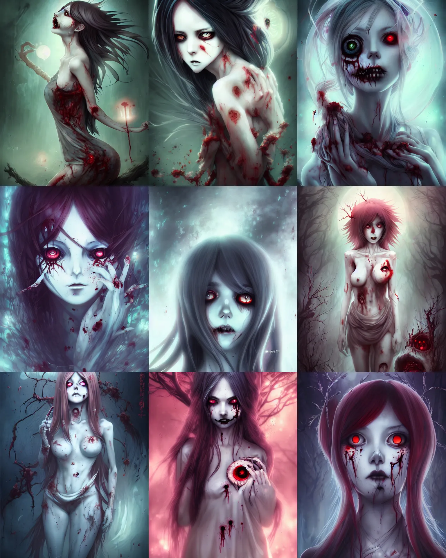 Prompt: a zombie anime girl rising from the fresh grave, anna dittmann, horror art, masterpiece, dark, gothic, very detailed, sharp, 8 k, cgsociety