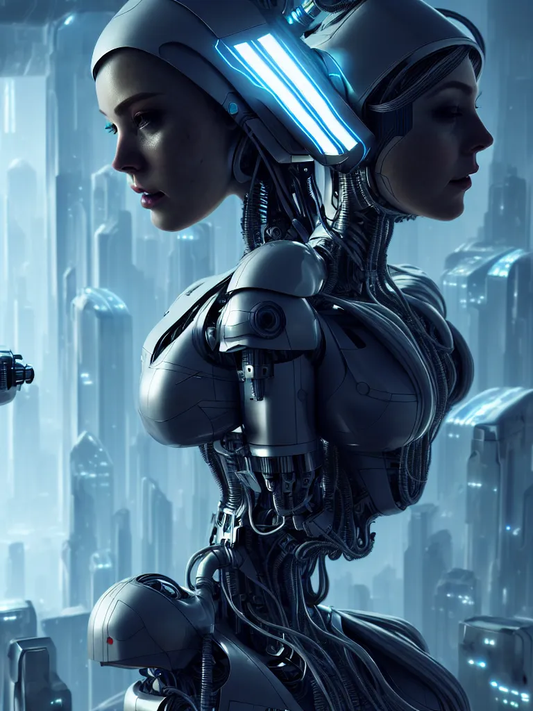 Image similar to ultra realistic, beautiful female cyborg lost in a space metropolis, sci-fi, cyberpunk, concept art, intricate details, eerie, highly detailed, octane render, 8k