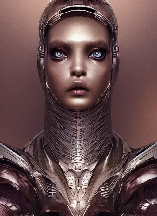 Image similar to beautiful portrait of an alien cyborg, style of Feng Zhu, Artstation geometric, aesthetic, big eyes, smooth skin, angelic, unique features, symmetrical, intricate crown, high fashion, streetwear, cyberpunk, detailed, octane render, cinematic, 8k, brown skin, retro sci fi film, Stanisław Szukalski + Moebius,