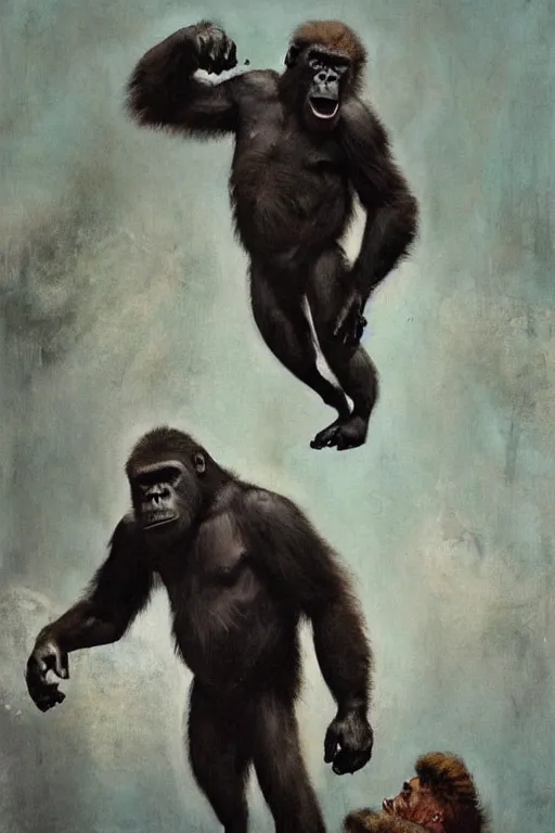 Prompt: full body portrait of huge slimy hairless bipedal gorilla, by norman rockwell, jack kirby, jon berkey, earle bergey, craig mullins, ruan jia, jeremy mann, tom lovell, marvel, astounding stories, 5 0 s pulp illustration, scifi, fantasy, artstation creature concept