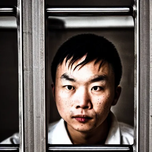 Image similar to an 8 5 mm portrait of a justin sun in prison looking through the bars of his cell, by annie leibovitz, shallow depth of field, cinematic lighting