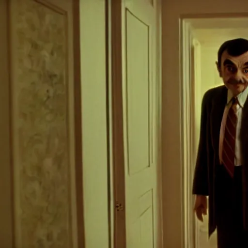Image similar to mr bean in the shining. here is johny! movie still, cinematography, cinematic lighting