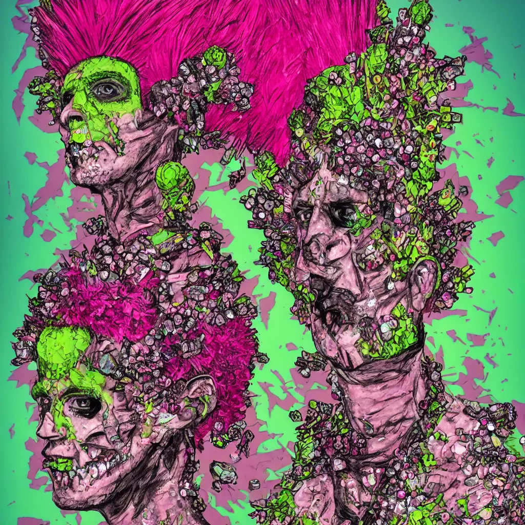 Prompt: a portrait of a punk rock zombie, full head and shoulders visible, pink crystal mohawk, skin made of crystals fruit and flowers, Baroque, Arcimboldo, character design, expressionistic, neon green background