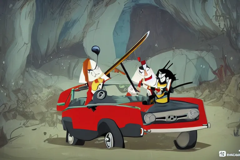 Prompt: samurai jack driving a clown car, photorealistic, detailed and intricate environment