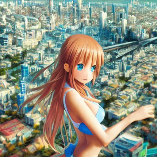 Prompt: seen from above : a giant macro very beautiful young yuuki asuna, full body, long wavy blond hair, sky blue eyes, full round face, bikini, miniskirt, laying on a miniature city, cinematic wallpaper by stanley artgerm lau