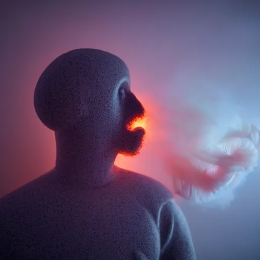 Image similar to side view of a man made of swirling smoke and tendrils of fog leaning against a wall, twilight colors, cinematic