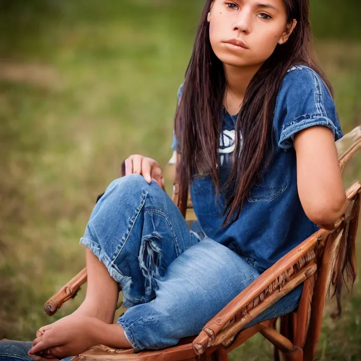 Prompt: portrait photograph of an extremely beautiful!!!! young native American female, Moody look on her face, natural light, wearing a t-shirt and jeans!! Brown hair. Brown eyes. Sitting in a chair in a bright room. looking at the camera!!. super resolution. Extremely detailed. Graflex camera!, bokeh!!!!! trending on artstation.